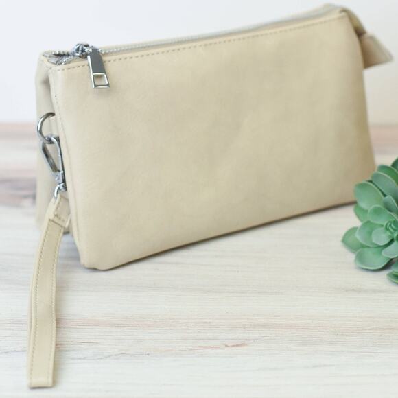 Lauren Lane Handbags - Kayla Vegan Leather Double Zip Clutch Wristlet Crossbody Bone